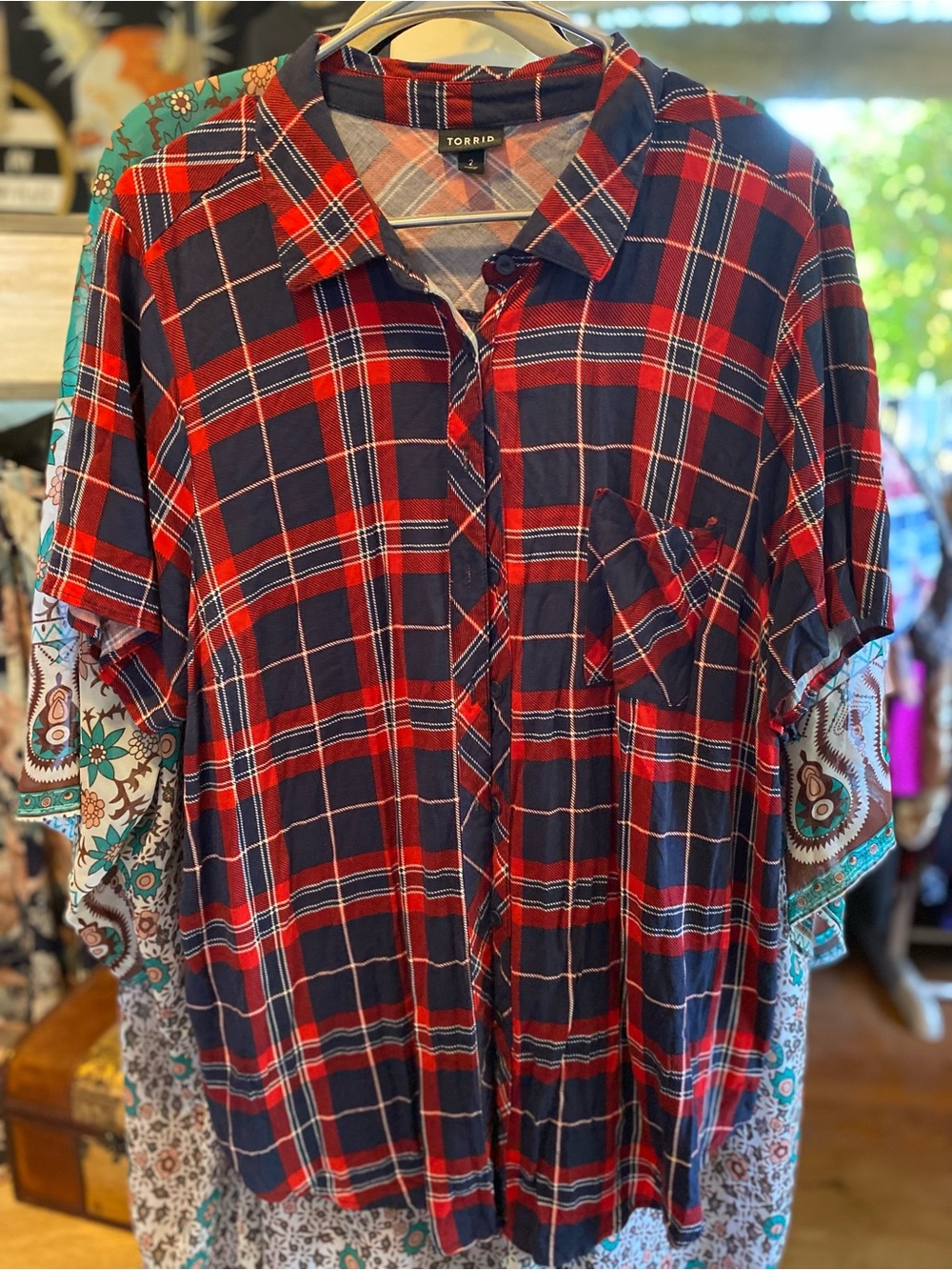 torrid Red and Navy Plaid Short-Sleeve Button-Down Shirt